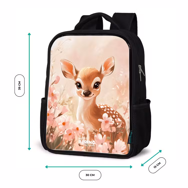 Kinderrucksack - Schwarz - Hirsche - Augen - Punkte - Blumen — 6