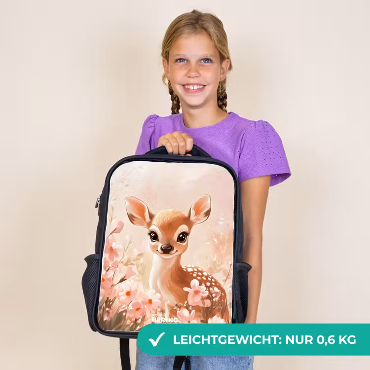 Kinderrucksack - Schwarz - Hirsche - Augen - Punkte - Blumen — 7