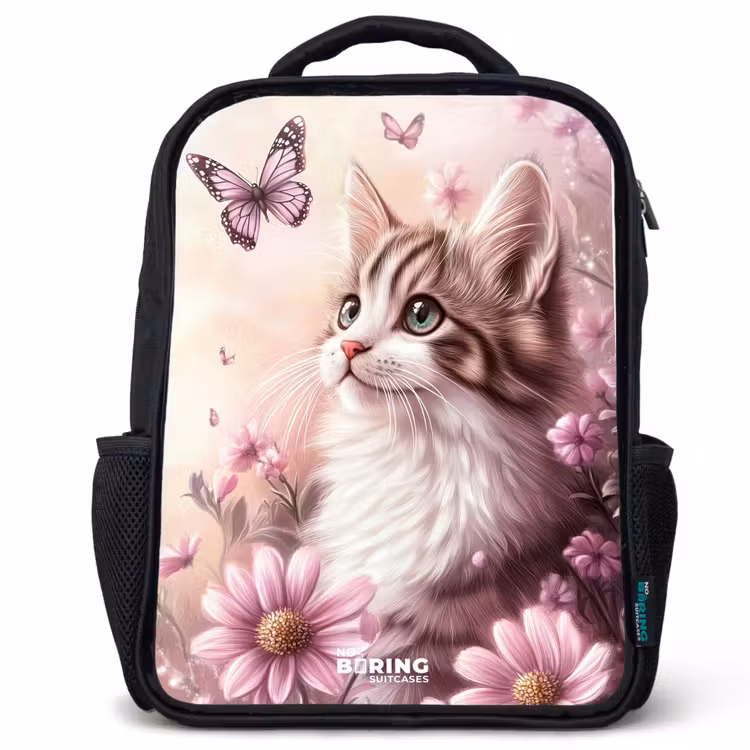 Kinderrucksack - Schwarz - Katze - Lila - Schmetterlinge - Blumen — 1