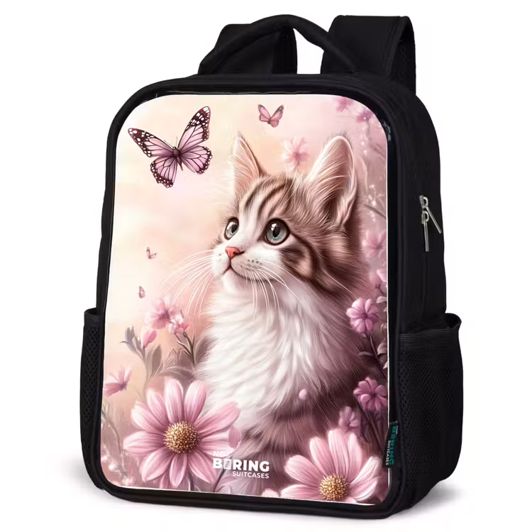 Kinderrucksack - Schwarz - Katze - Lila - Schmetterlinge - Blumen — 4