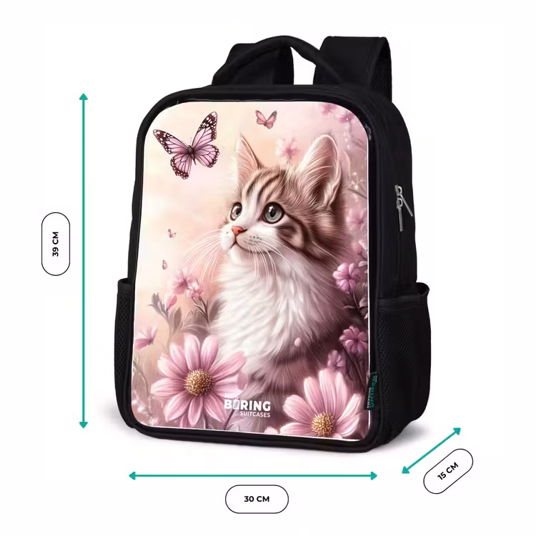 Kinderrucksack - Schwarz - Katze - Lila - Schmetterlinge - Blumen — 6