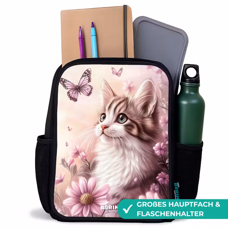 Kinderrucksack - Schwarz - Katze - Lila - Schmetterlinge - Blumen — 8