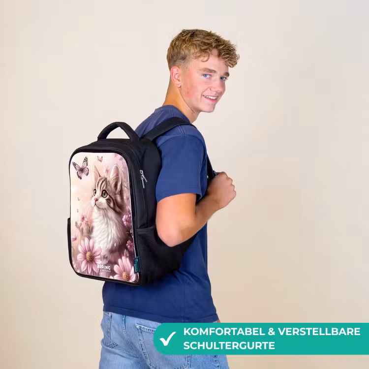 Kinderrucksack - Schwarz - Katze - Lila - Schmetterlinge - Blumen — 9