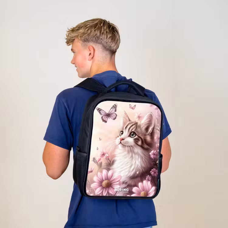 Kinderrucksack - Rosa - Katze - Lila - Schmetterlinge - Blumen — 3