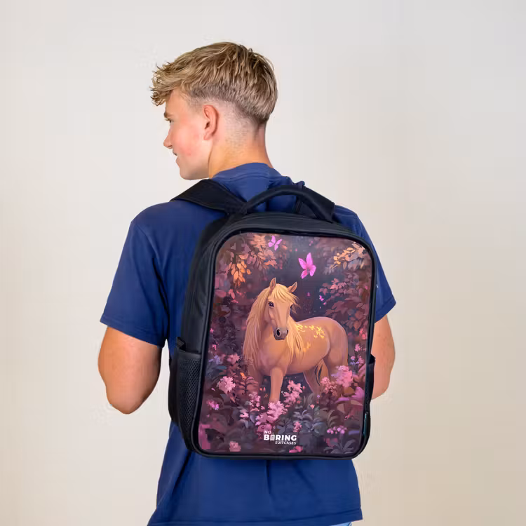 Kinderrucksack - Schwarz - Pferd - Blumen - Lila - Schmetterling — 3
