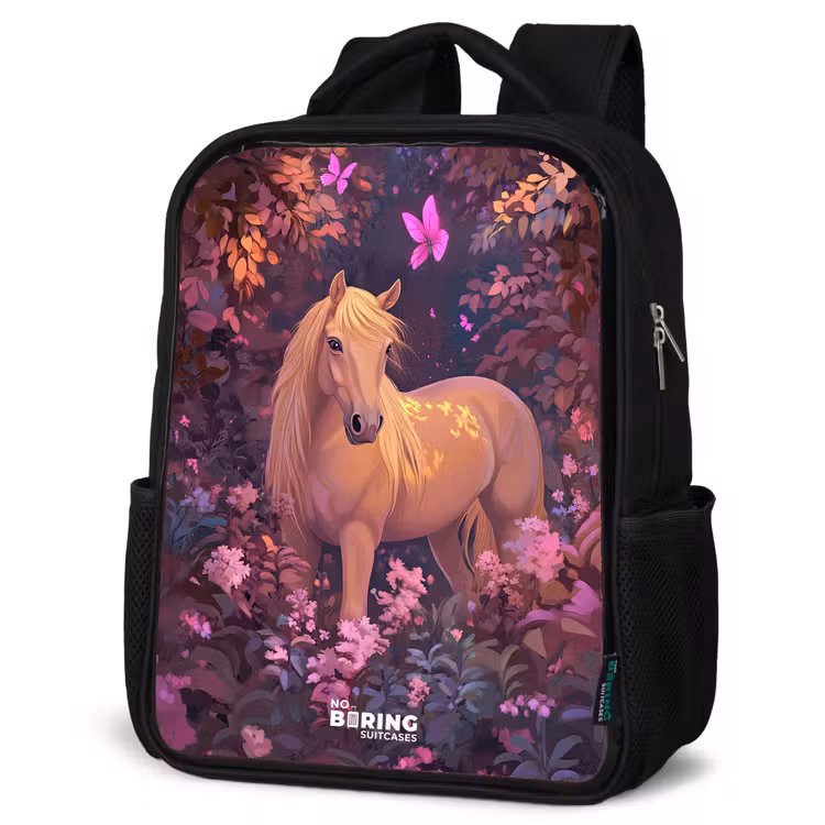 Kinderrucksack - Schwarz - Pferd - Blumen - Lila - Schmetterling — 4