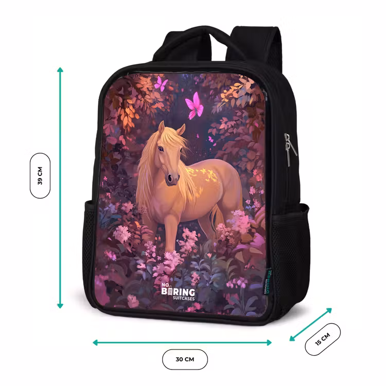 Kinderrucksack - Schwarz - Pferd - Blumen - Lila - Schmetterling — 6