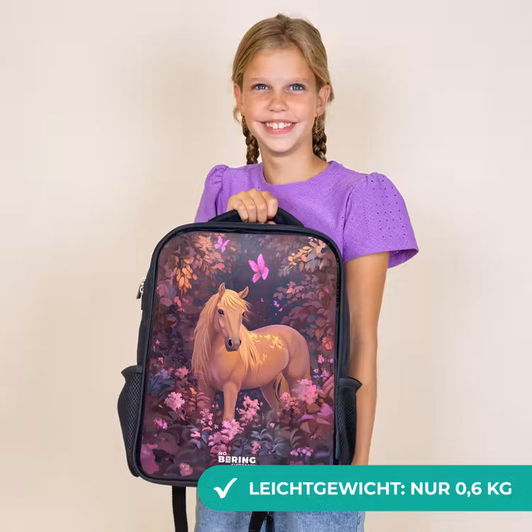 Kinderrucksack - Schwarz - Pferd - Blumen - Lila - Schmetterling — 7
