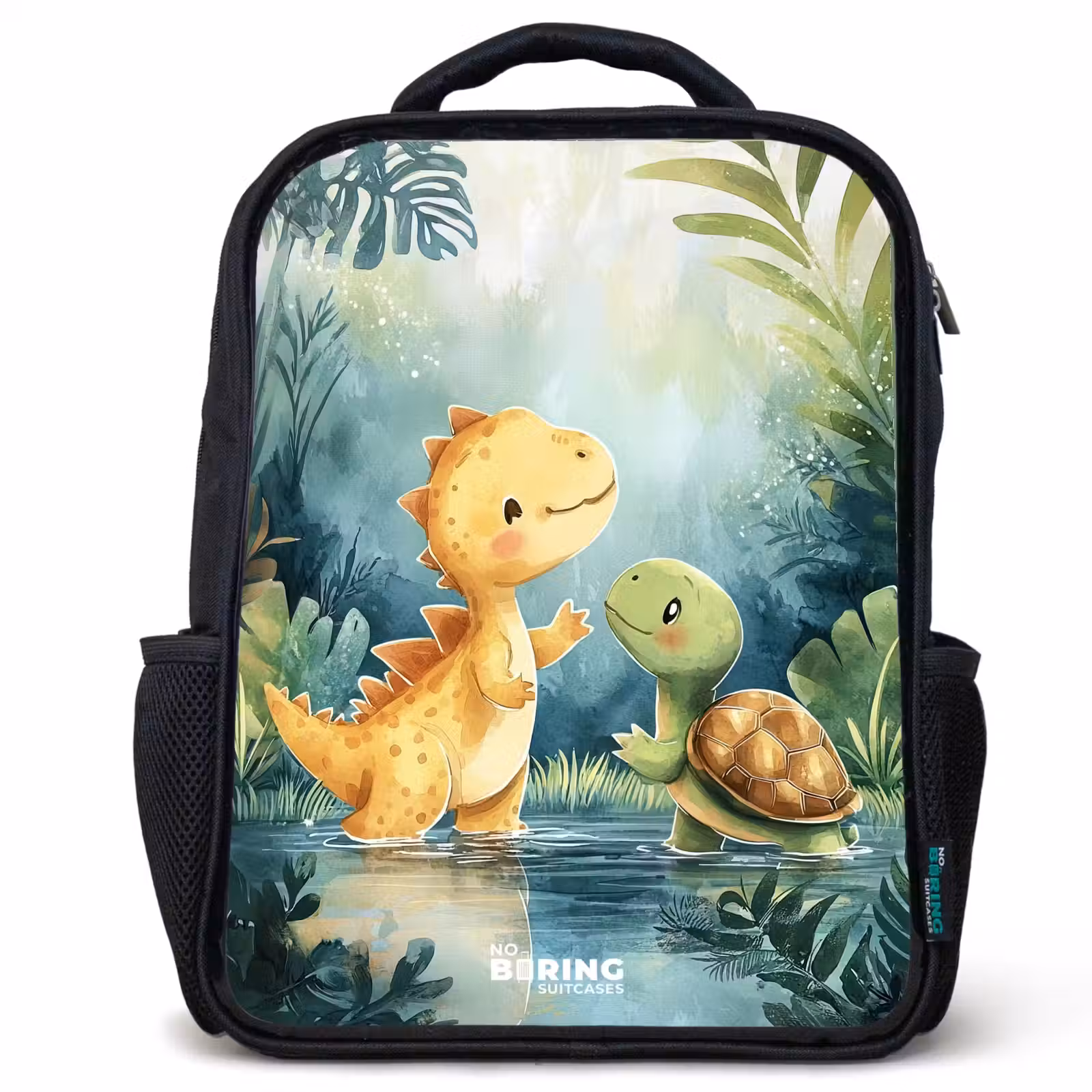 Kinderrucksack mit Namen - Schwarz - Dino - Schildkröte - Dschungel — 1