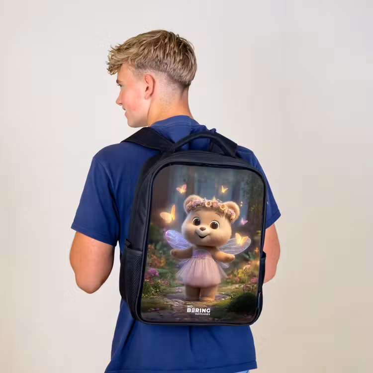 Kinderrucksack - Schwarz - Bär - Schmetterlinge - Wald - Fee — 3
