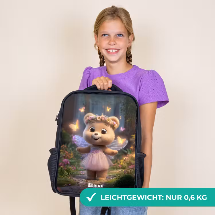 Kinderrucksack - Schwarz - Bär - Schmetterlinge - Wald - Fee — 7