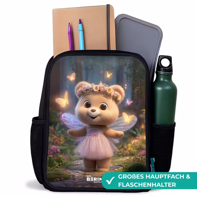 Kinderrucksack - Schwarz - Bär - Schmetterlinge - Wald - Fee — 8