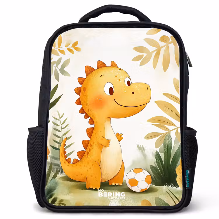 Kinderrucksack mit Namen - Schwarz - Dino - Fußball - Orange — 1