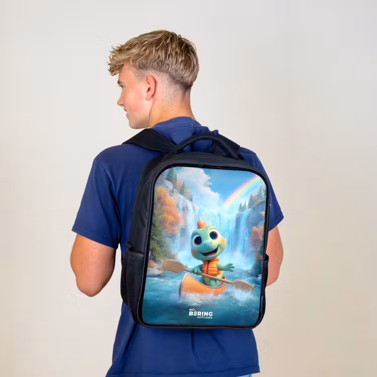 Kinderrucksack mit Namen - Schwarz - Dino - Natur - Wasserfall — 3