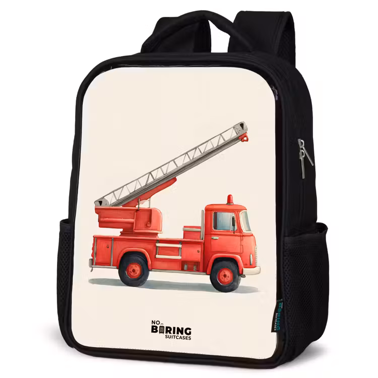 Kinderrucksack - Schwarz - Feuerwehrauto - Signiert - Rot — 4
