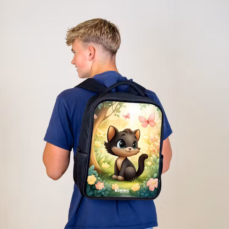 Kinderrucksack - Schwarz - Katze - Schmetterling - Blumen — 3
