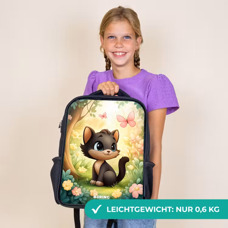 Kinderrucksack - Schwarz - Katze - Schmetterling - Blumen — 7