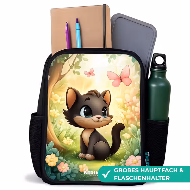 Kinderrucksack - Schwarz - Katze - Schmetterling - Blumen — 8
