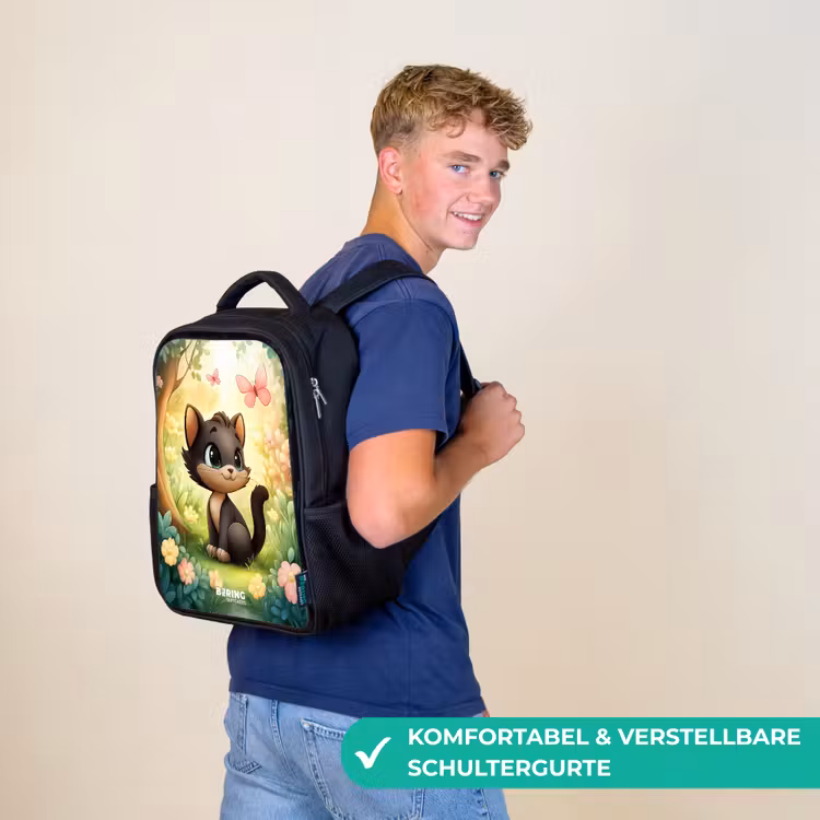 Kinderrucksack - Schwarz - Katze - Schmetterling - Blumen — 9