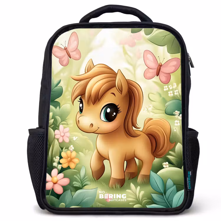 Kinderrucksack - Schwarz - Pferd - Blumen - Schmetterlinge — 1