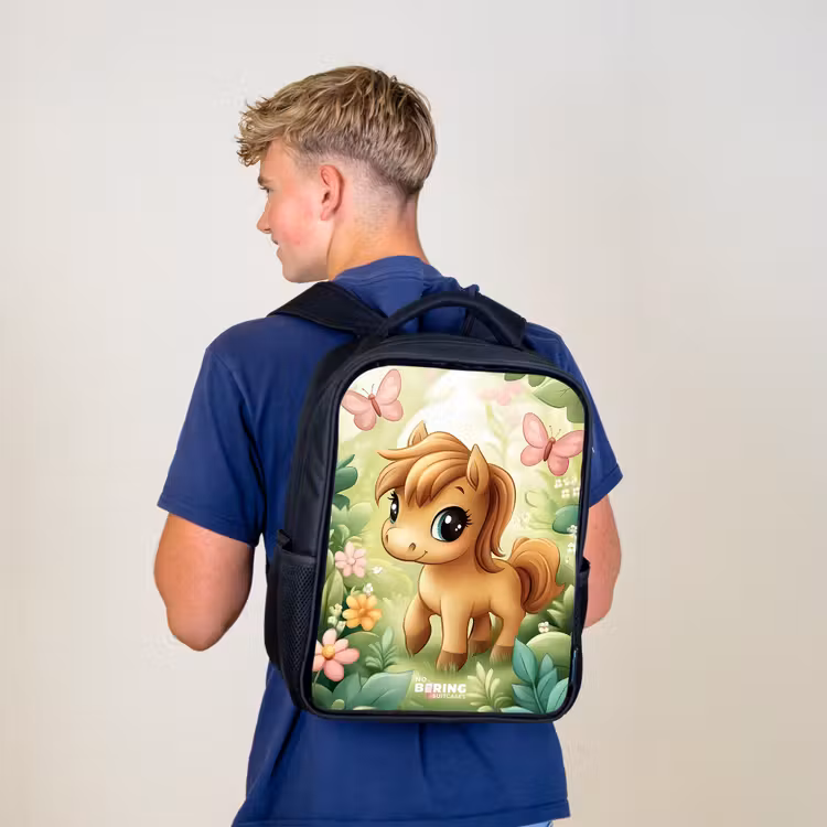 Kinderrucksack - Schwarz - Pferd - Blumen - Schmetterlinge — 3