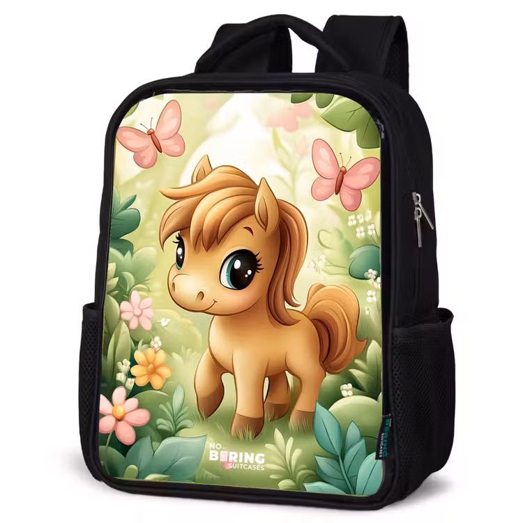 Kinderrucksack - Schwarz - Pferd - Blumen - Schmetterlinge — 4