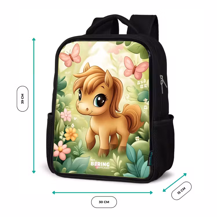 Kinderrucksack - Schwarz - Pferd - Blumen - Schmetterlinge — 6