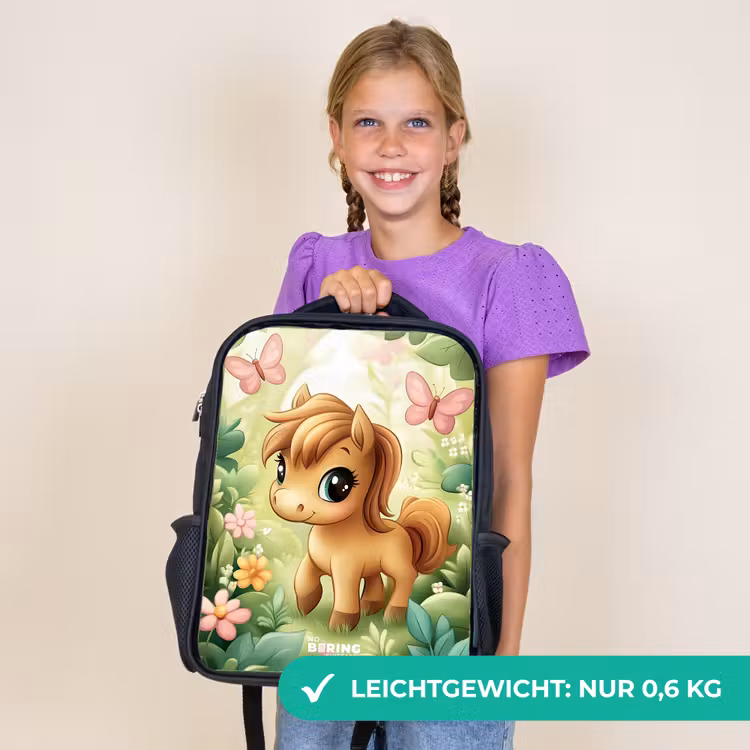 Kinderrucksack - Schwarz - Pferd - Blumen - Schmetterlinge — 7