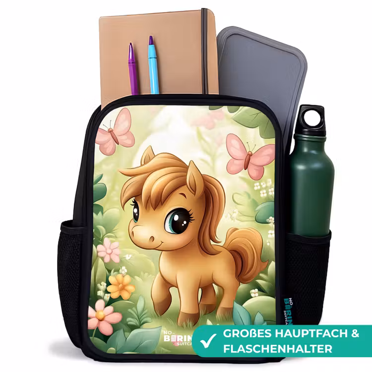 Kinderrucksack - Schwarz - Pferd - Blumen - Schmetterlinge — 8