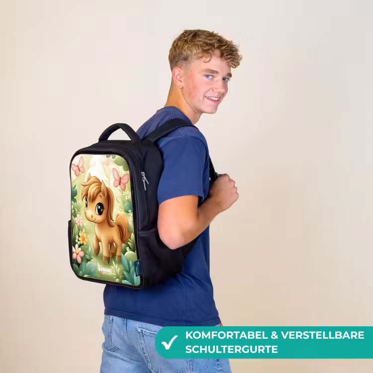 Kinderrucksack - Schwarz - Pferd - Blumen - Schmetterlinge — 9