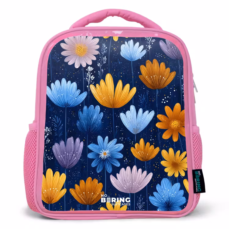 Kinderrucksack - Rosa - Blumen auf dunkelblauem Hintergrund — 1