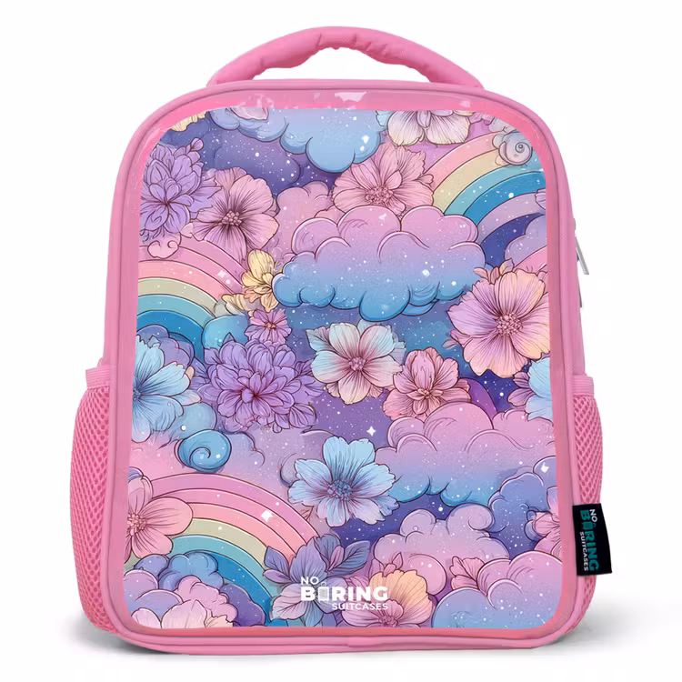 Kinderrucksack - Rosa - Illustration von Wolken, Regenbögen und Blumen — 1