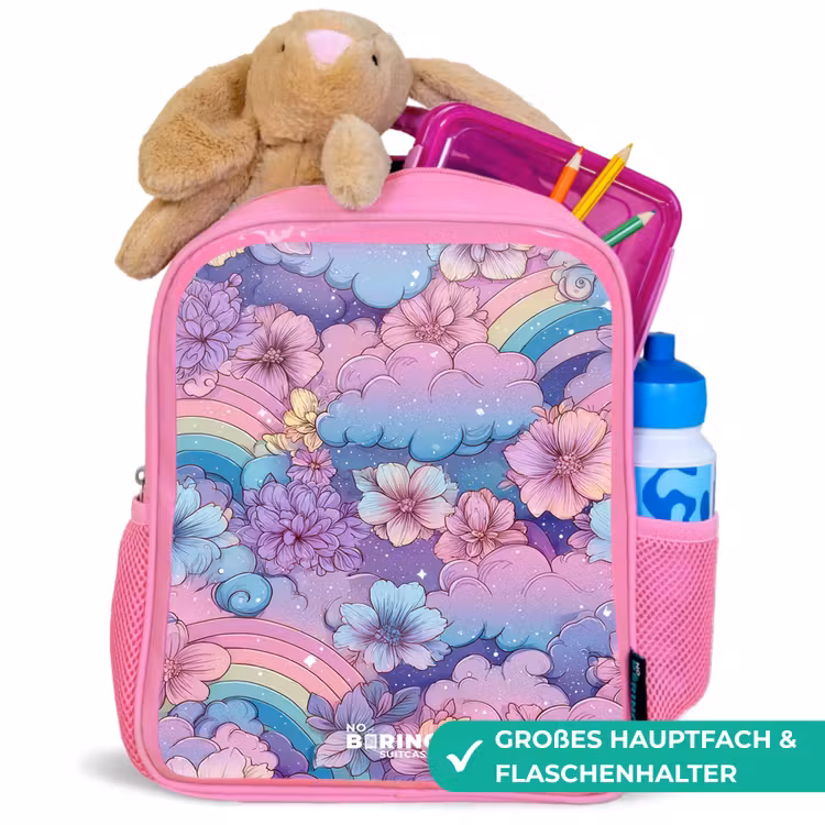 Kinderrucksack - Rosa - Illustration von Wolken, Regenbögen und Blumen — 3