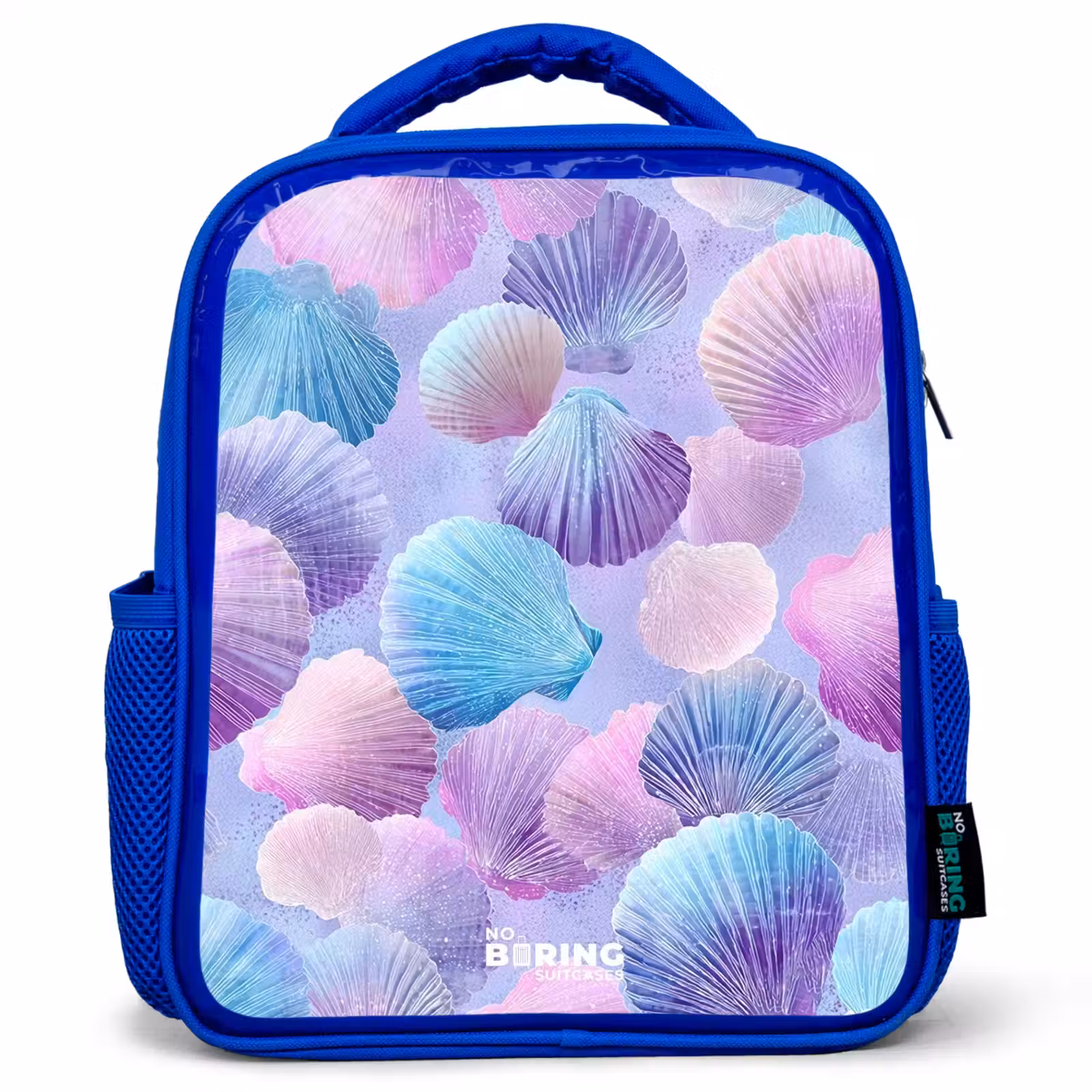 Kinderrucksack - Blau - Bunte Muscheln auf violettem Hintergrund — 1