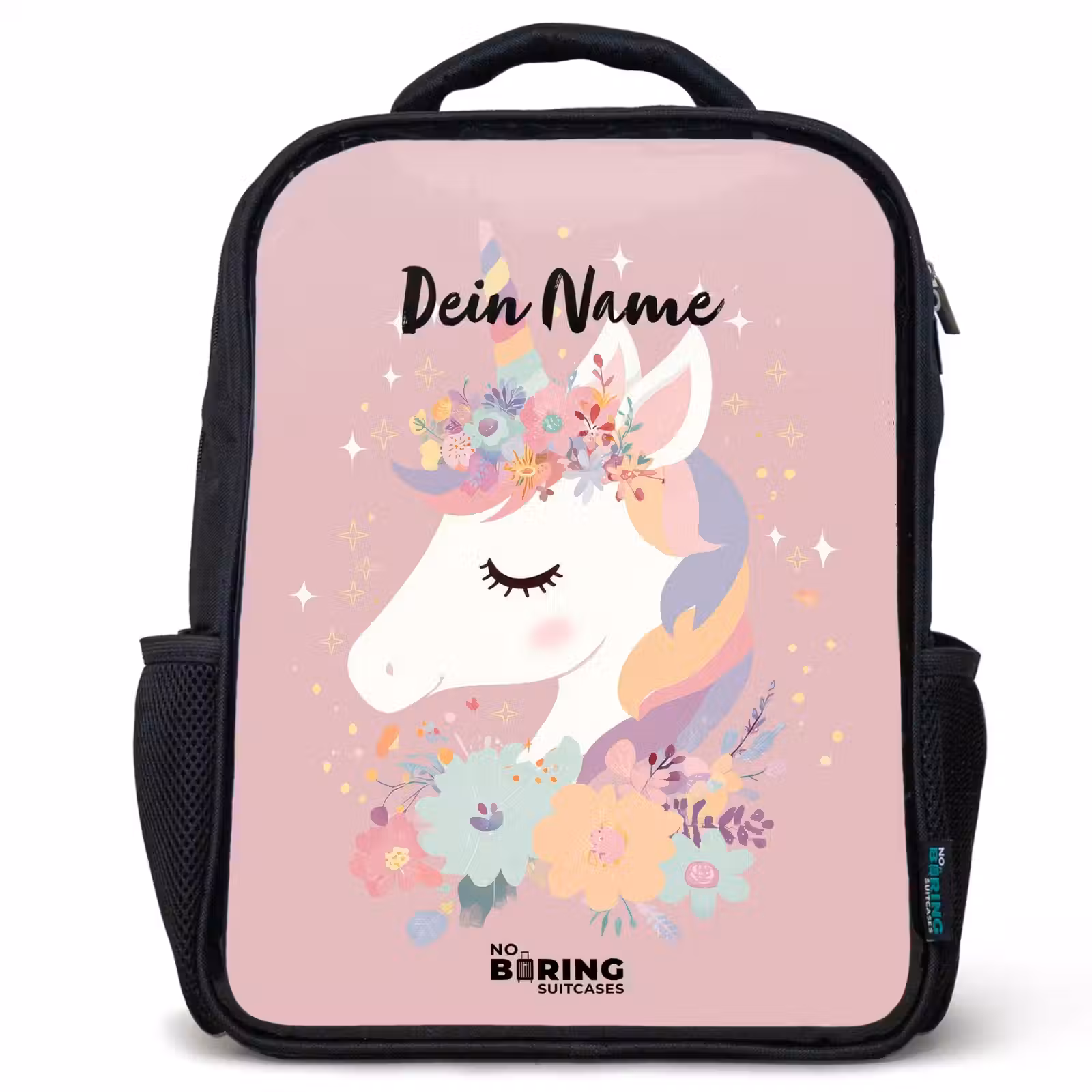 Kinderrucksack - Schwarz - Einhorn - Rosa - Blumen — 1