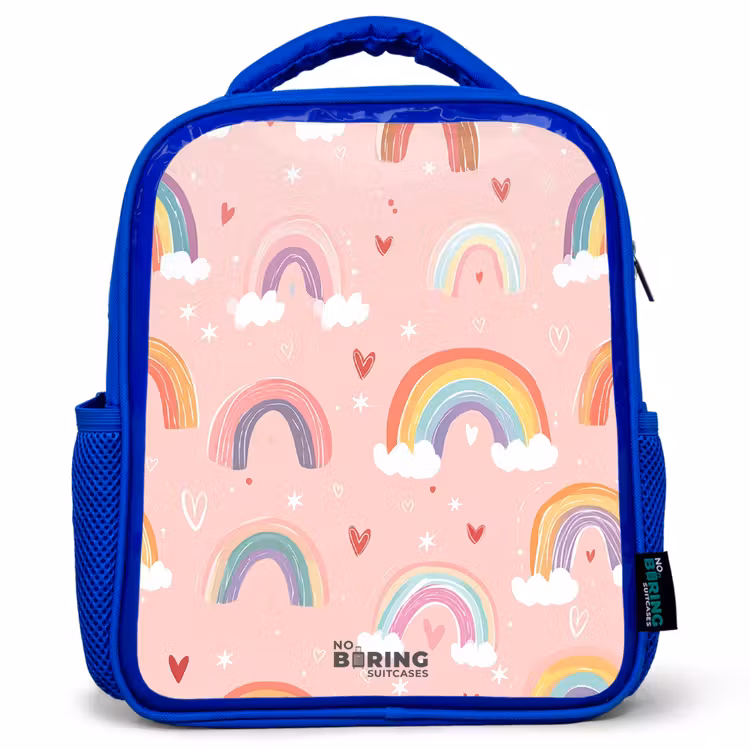 Kinderrucksack - Blau - Regenbögen auf einem rosa Hintergrund — 1