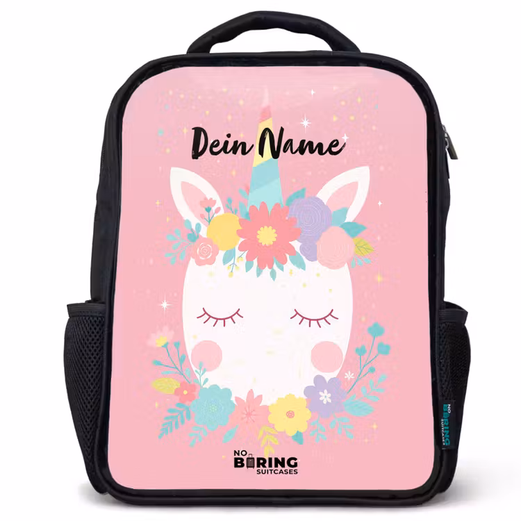 Kinderrucksack - Schwarz - Einhorn - Blumen - Rosa — 1