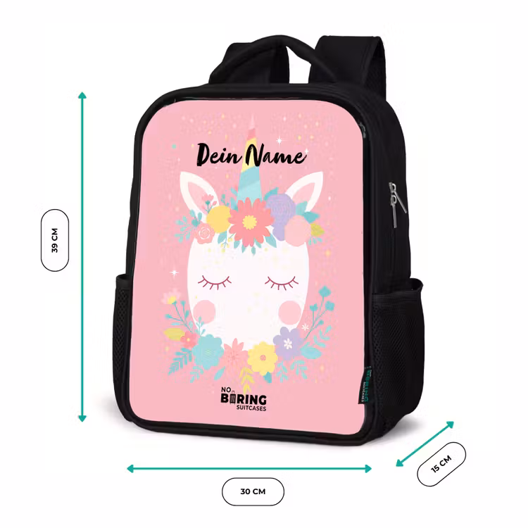 Kinderrucksack - Schwarz - Einhorn - Blumen - Rosa — 6