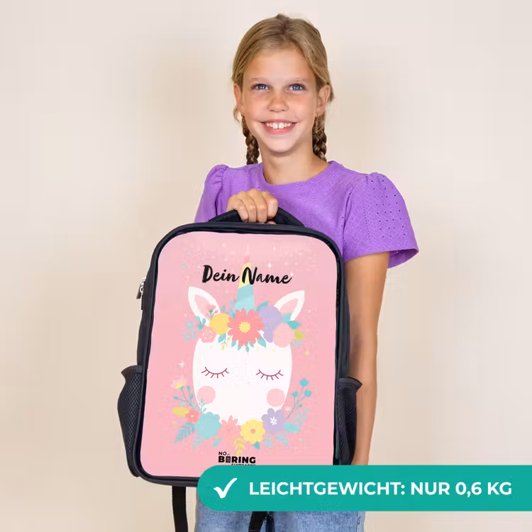 Kinderrucksack - Schwarz - Einhorn - Blumen - Rosa — 7
