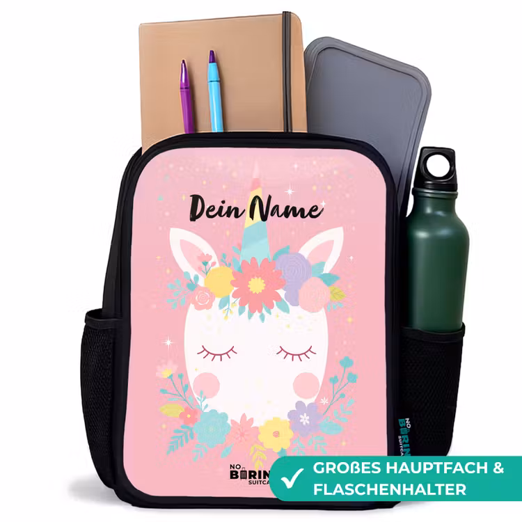 Kinderrucksack - Schwarz - Einhorn - Blumen - Rosa — 8