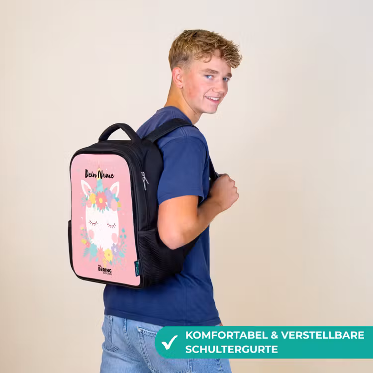 Kinderrucksack - Schwarz - Einhorn - Blumen - Rosa — 9