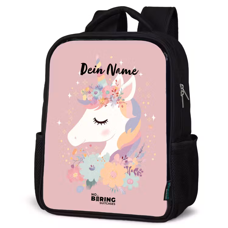 Kinderrucksack - Schwarz - Einhorn - Rosa - Blumen — 4