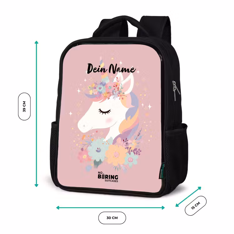 Kinderrucksack - Schwarz - Einhorn - Rosa - Blumen — 6