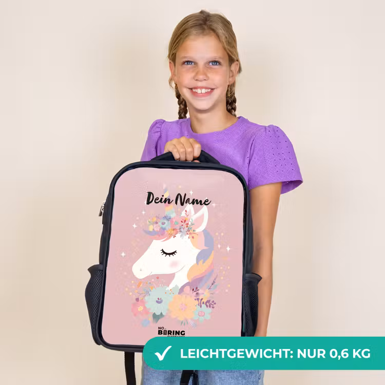 Kinderrucksack - Schwarz - Einhorn - Rosa - Blumen — 7