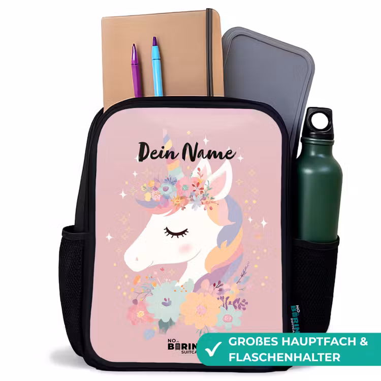 Kinderrucksack - Schwarz - Einhorn - Rosa - Blumen — 8