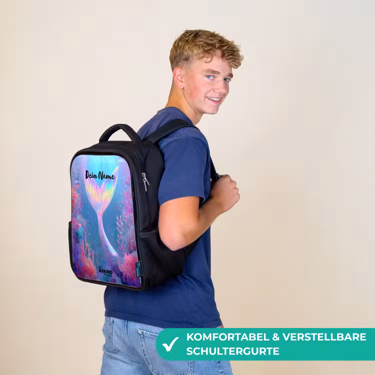 Kinderrucksack - Schwarz - Meerjungfrau - Koralle - Wasser — 9