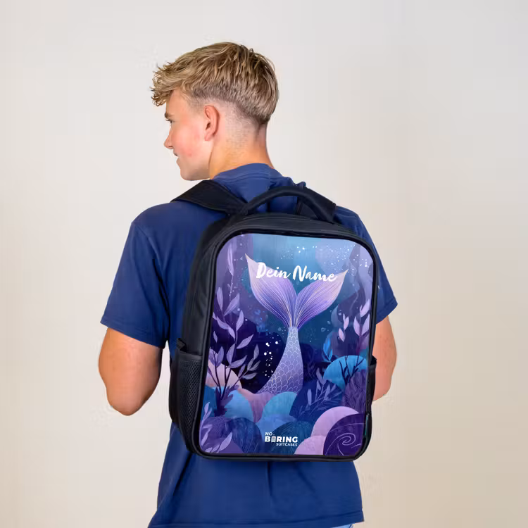 Kinderrucksack - Schwarz - Meerjungfrau - Unterwasser - Lila - Blau — 3