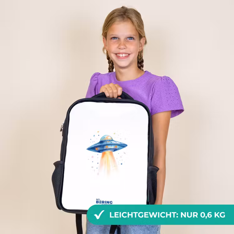 Kinderrucksack - Schwarz - Blaues Raumschiff mit Lichtstrahl — 7