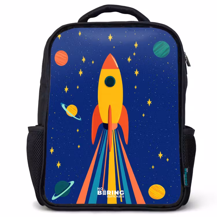 Kinderrucksack - Schwarz - Rakete - Sterne - Planet - Weltraum — 1
