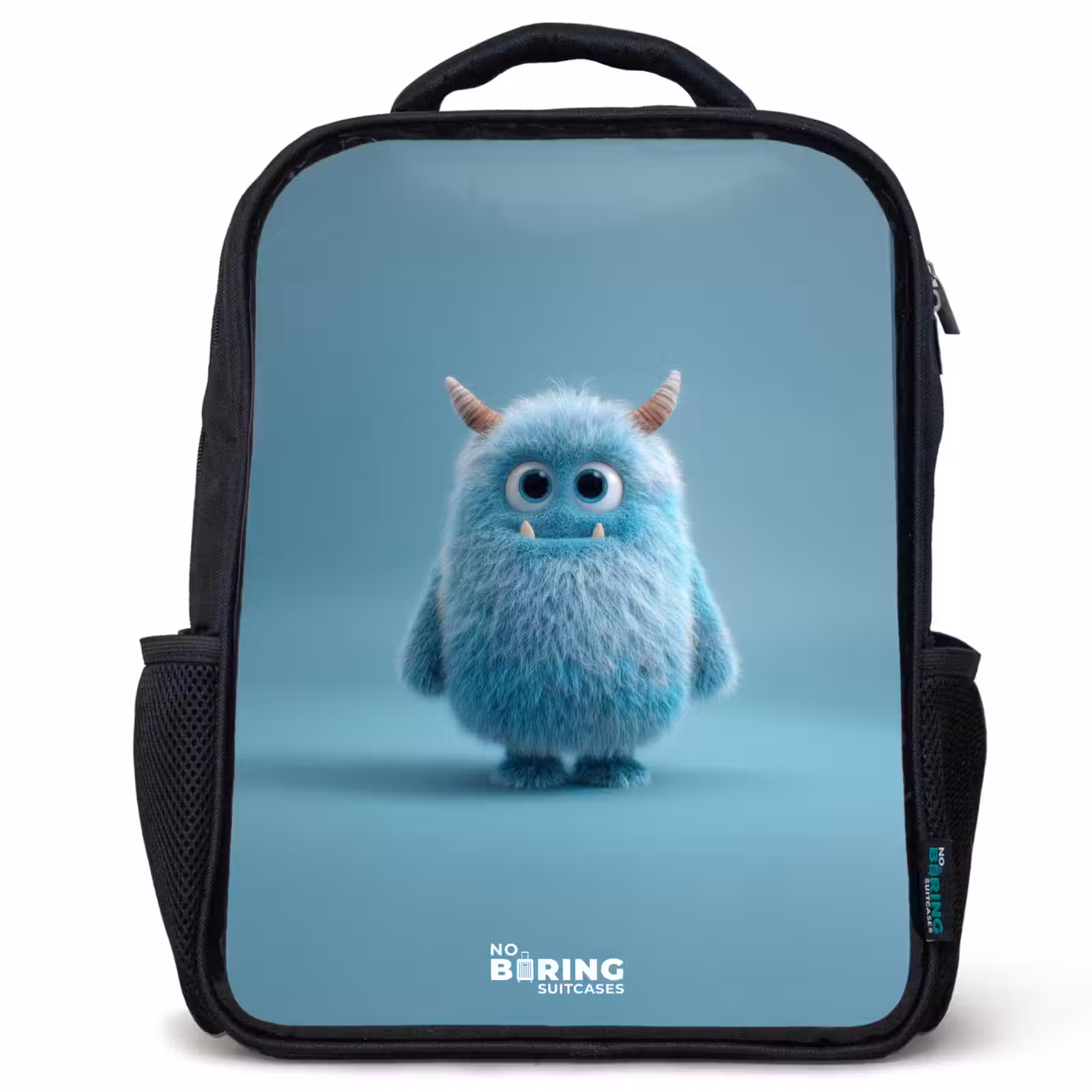 Kinderrucksack - Schwarz - Blaues Plüschmonster mit Hörnern — 1